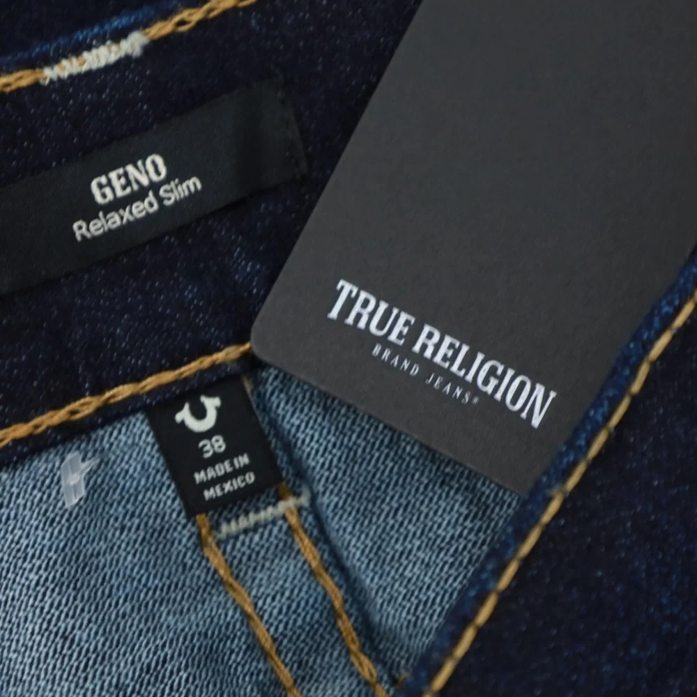 TRUE RELIGION RAZOR DARK RIPS‎ GENO FLAPS RELAXED SLIM JEANS